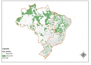 Mapa municípios brasileiros com população rural maior que urbana.
